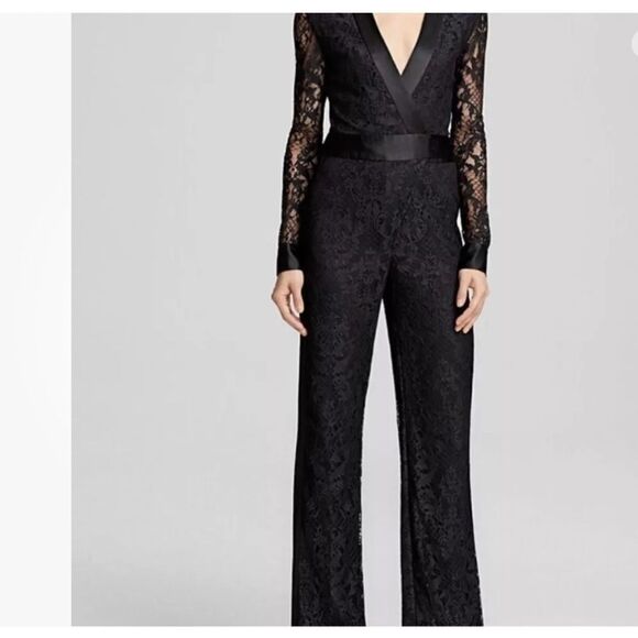DIANE VON FURSTENBERG DVF Jumpsuit 4 Black Lace Long Sheer Sleeve Wrap Belted - Picture 3 of 10